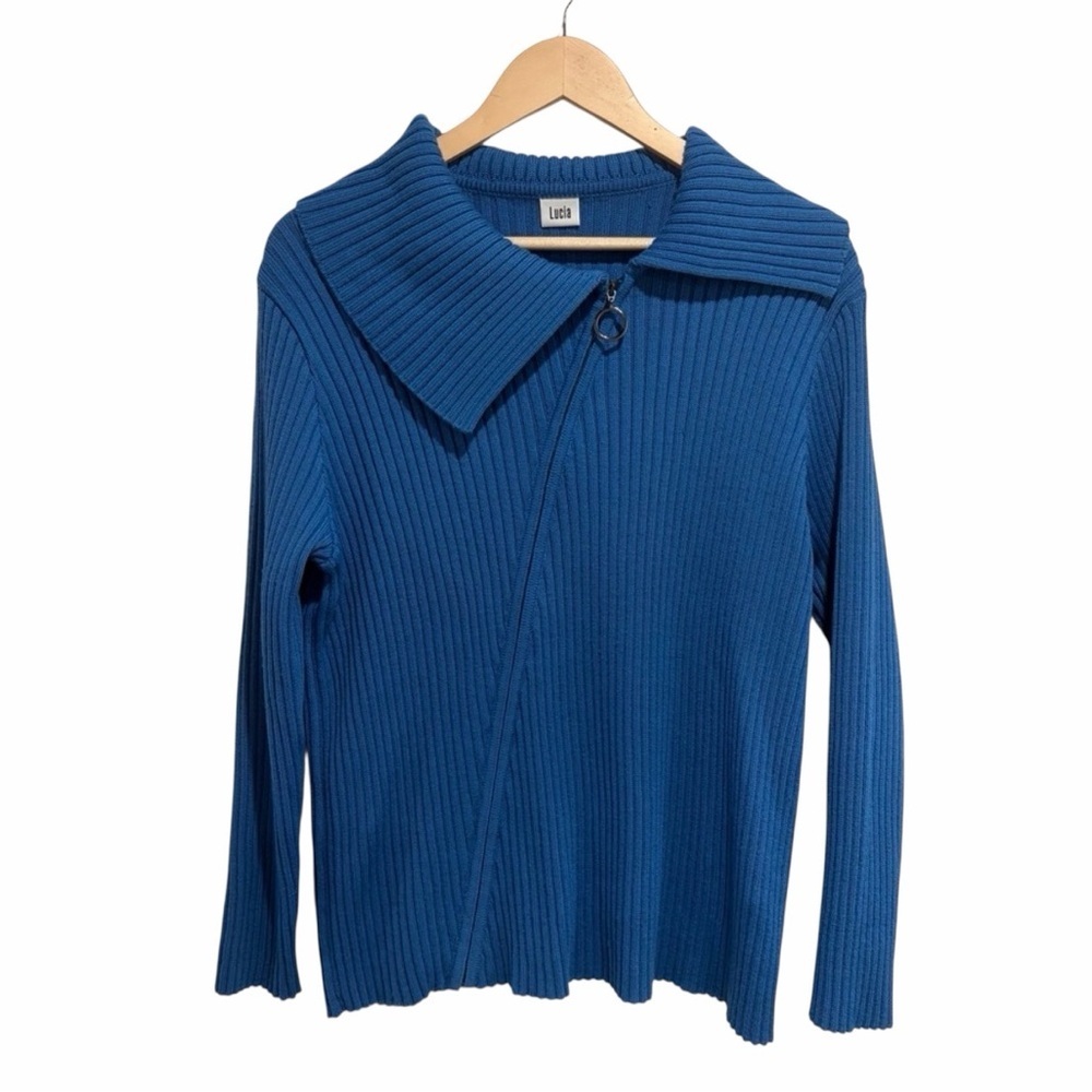 2/$40 Lucia Women’s Blue Rib Knit Sweater Cardigan Offset Zipper Wool Blend